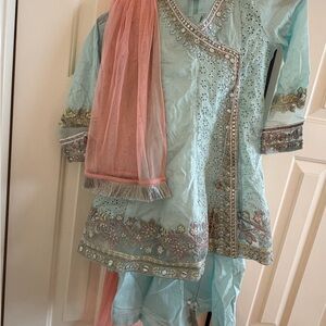 Elegant Kids Formal Dress in Aqua and Pink maria B 6 to 8 size with ghagra pants